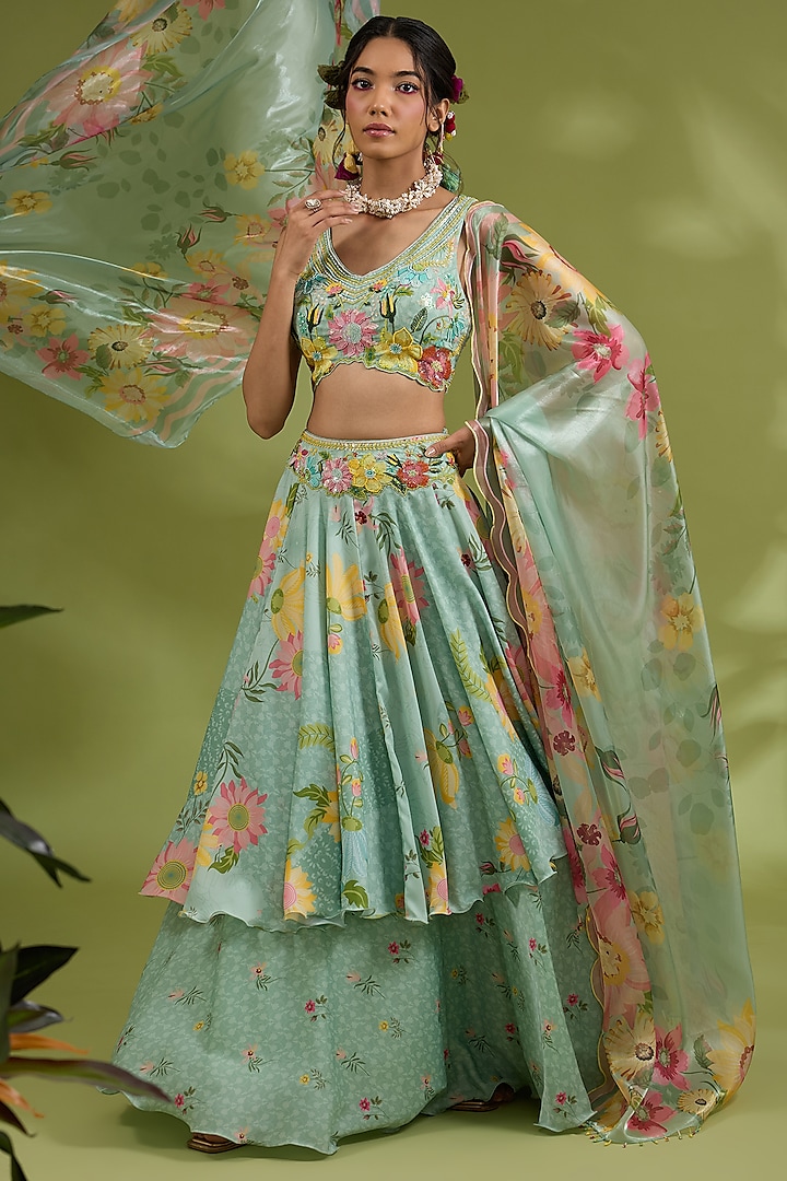 Green Satin Floral Printed & Hand Embroidered Wedding Lehenga Set by Show Shaa at Pernia's Pop Up Shop