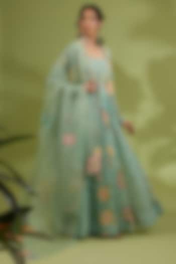 Green Chiffon Floral Printed & Hand Embroidered Wedding Anarkali Set by Show Shaa at Pernia's Pop Up Shop