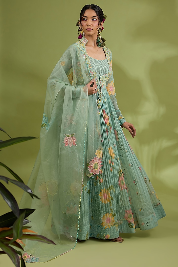 Green Chiffon Floral Printed & Hand Embroidered Wedding Anarkali Set by Show Shaa at Pernia's Pop Up Shop