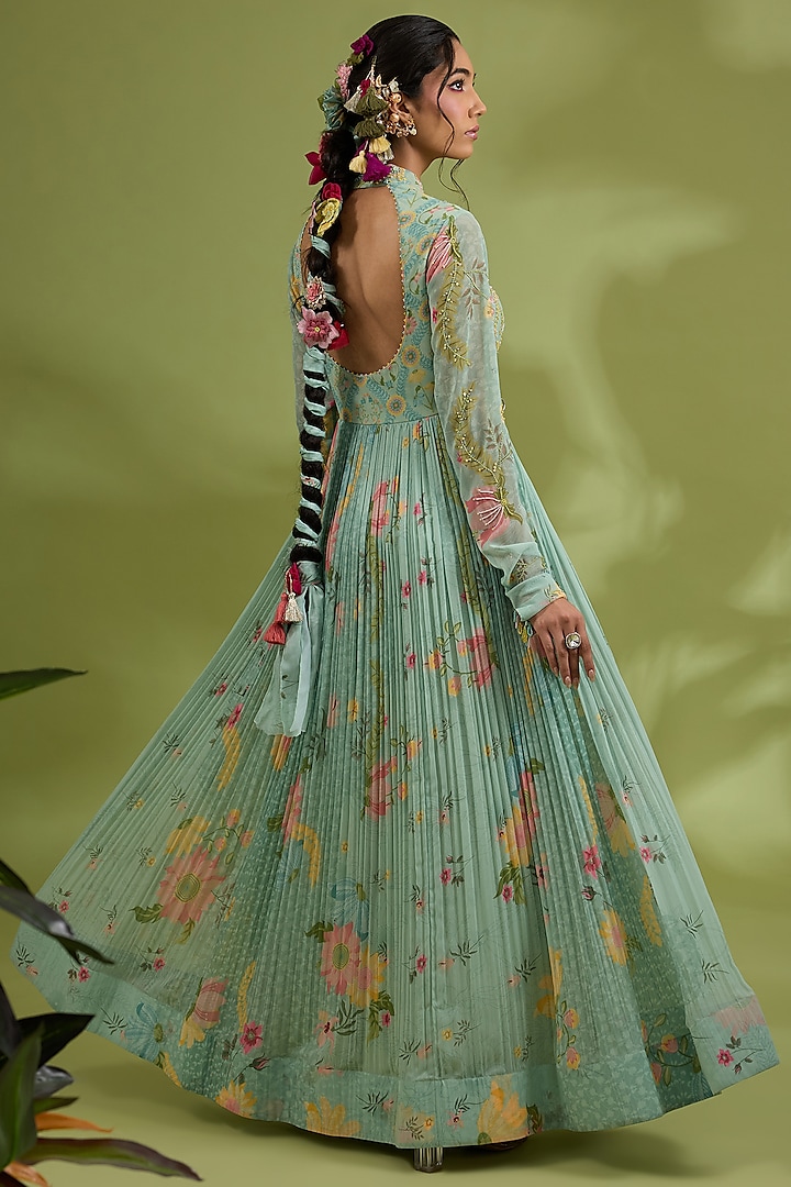 Green Chiffon Floral Printed & Hand Embroidered Wedding Anarkali Set by Show Shaa at Pernia's Pop Up Shop