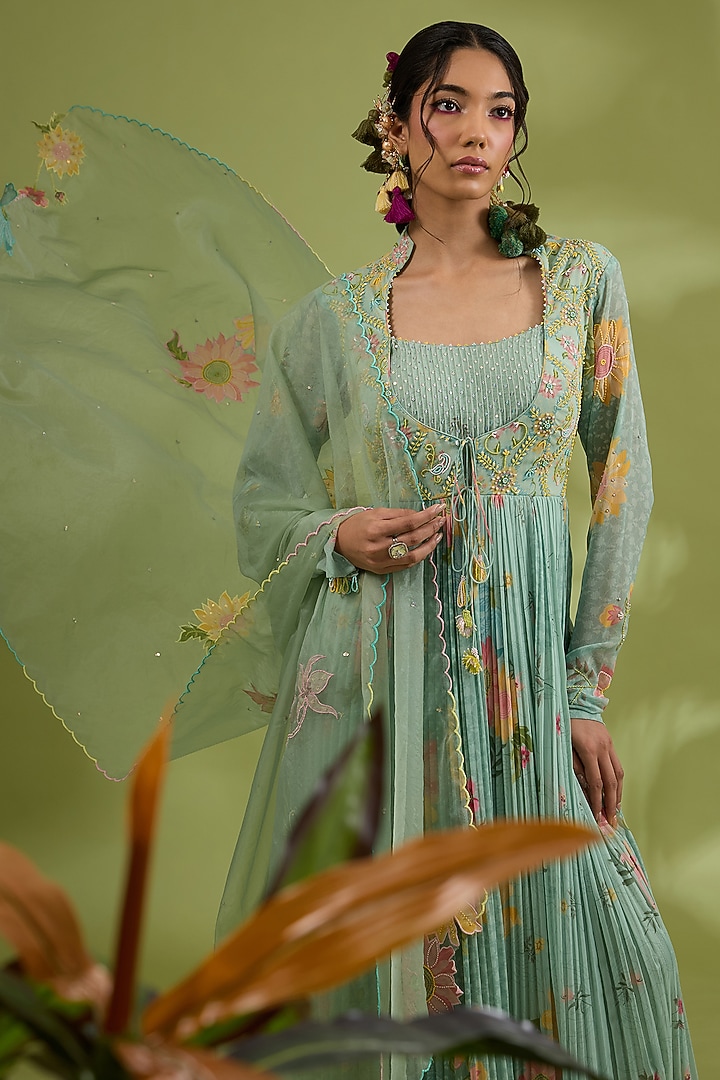 Green Chiffon Floral Printed & Hand Embroidered Wedding Anarkali Set by Show Shaa at Pernia's Pop Up Shop