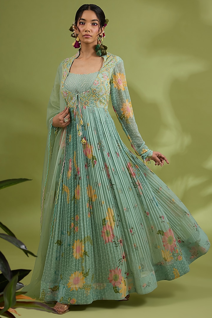 Green Chiffon Floral Printed & Hand Embroidered Wedding Anarkali Set by Show Shaa at Pernia's Pop Up Shop