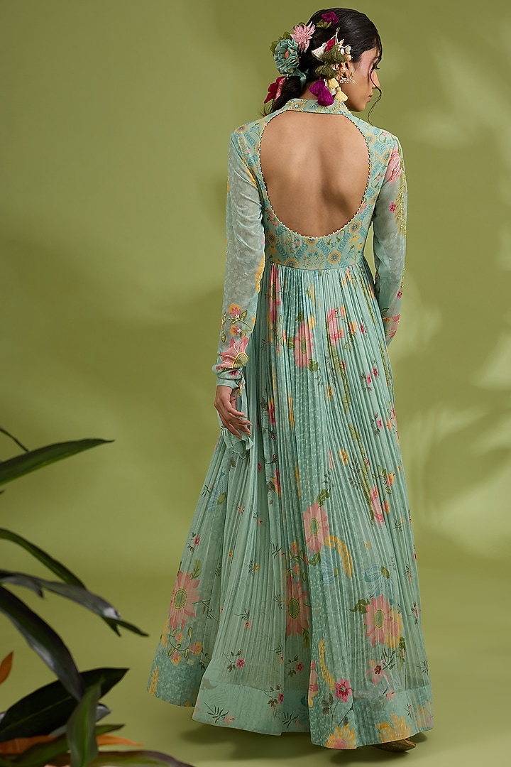 Green Chiffon Floral Printed & Hand Embroidered Wedding Anarkali Set by Show Shaa at Pernia's Pop Up Shop