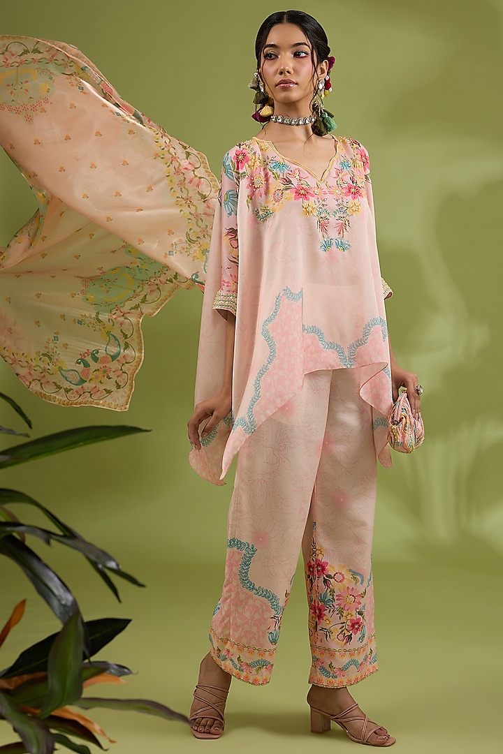 Pink Georgette Satin Floral Printed & Hand Embroidered Kurta Set by Show Shaa at Pernia's Pop Up Shop