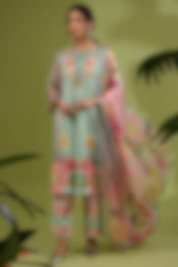 Green Georgette Satin Floral Printed & Hand Embroidered Kurta Set by Show Shaa at Pernia's Pop Up Shop