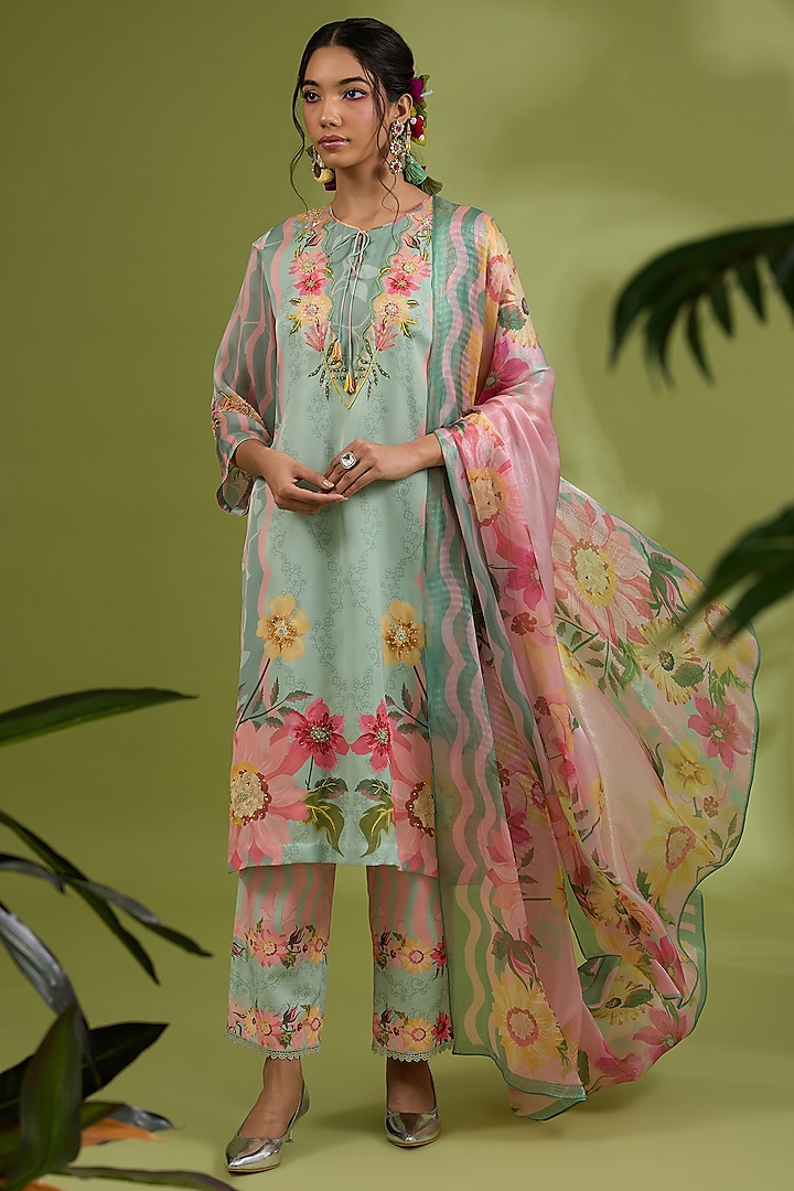 Green Georgette Satin Floral Printed & Hand Embroidered Kurta Set by Show Shaa at Pernia's Pop Up Shop