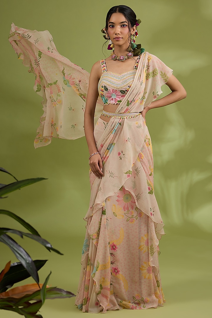 Pink Chiffon Floral Printed & Hand Embroidered Pre-Draped Wedding Saree Set by Show Shaa at Pernia's Pop Up Shop