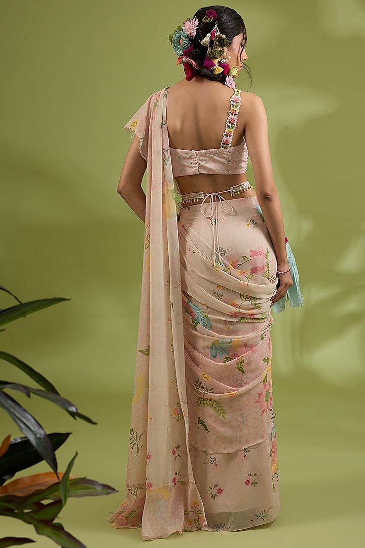 Pink Chiffon Floral Printed & Hand Embroidered Pre-Draped Wedding Saree Set by Show Shaa at Pernia's Pop Up Shop