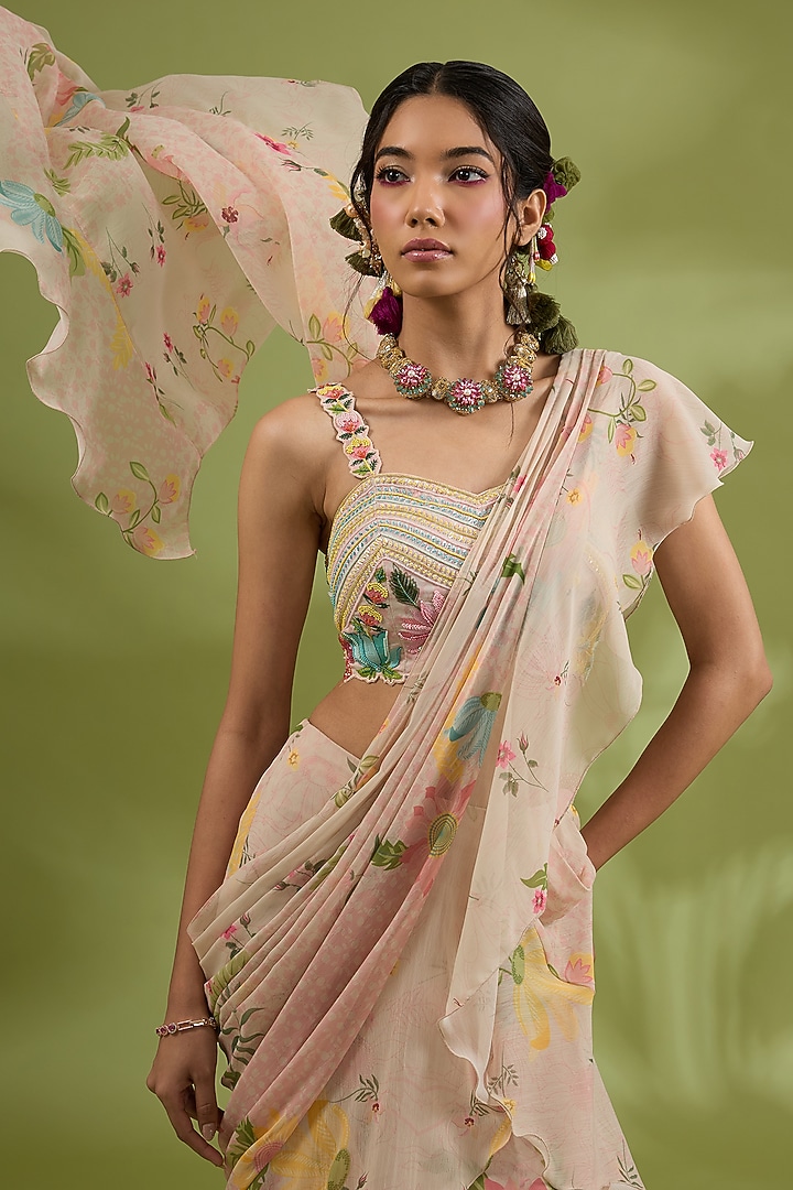 Pink Chiffon Floral Printed & Hand Embroidered Pre-Draped Wedding Saree Set by Show Shaa at Pernia's Pop Up Shop