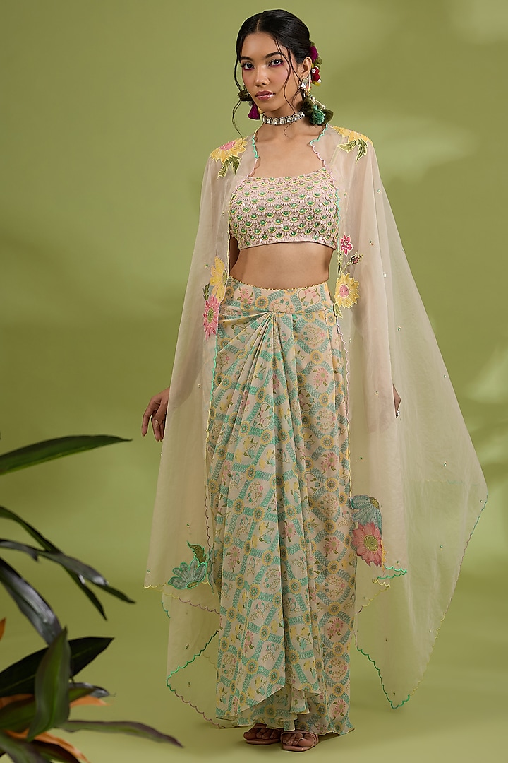 Pink Chiffon Floral Printed & Resham Embroidered Draped Skirt Set by Show Shaa at Pernia's Pop Up Shop