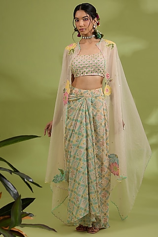 Pink Chiffon Floral Printed & Resham Embroidered Draped Skirt Set by Show Shaa