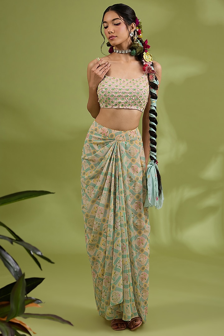 Pink Chiffon Floral Printed & Resham Embroidered Draped Skirt Set by Show Shaa at Pernia's Pop Up Shop