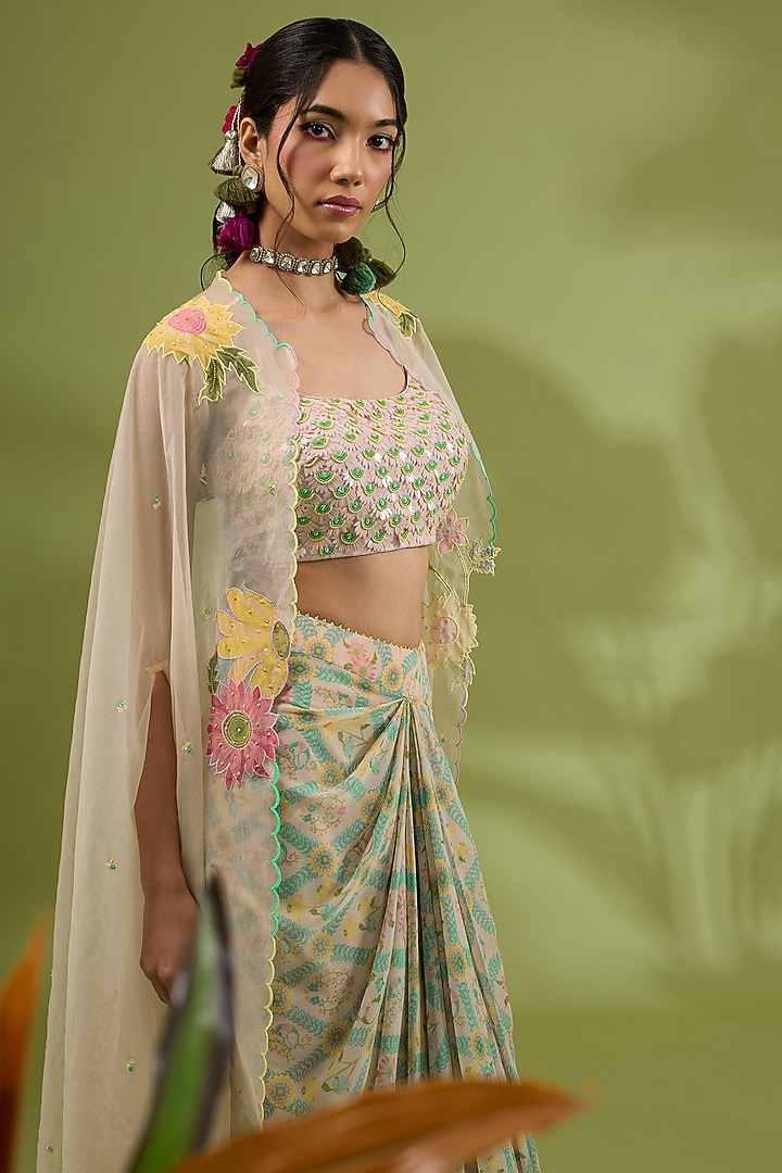 Pink Chiffon Floral Printed & Resham Embroidered Draped Skirt Set by Show Shaa at Pernia's Pop Up Shop
