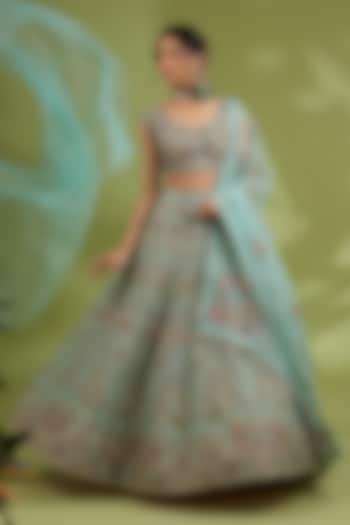 Green Kota Silk Resham & Dori Hand Embroidered Bridal Lehenga Set by Show Shaa at Pernia's Pop Up Shop