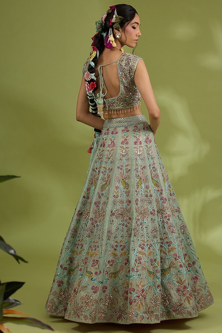 Green Kota Silk Resham & Dori Hand Embroidered Bridal Lehenga Set by Show Shaa at Pernia's Pop Up Shop