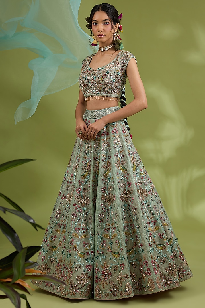 Green Kota Silk Resham & Dori Hand Embroidered Bridal Lehenga Set by Show Shaa at Pernia's Pop Up Shop