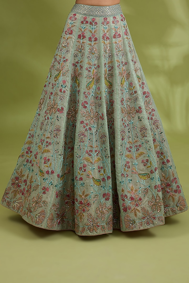 Green Kota Silk Resham & Dori Hand Embroidered Bridal Lehenga Set by Show Shaa at Pernia's Pop Up Shop