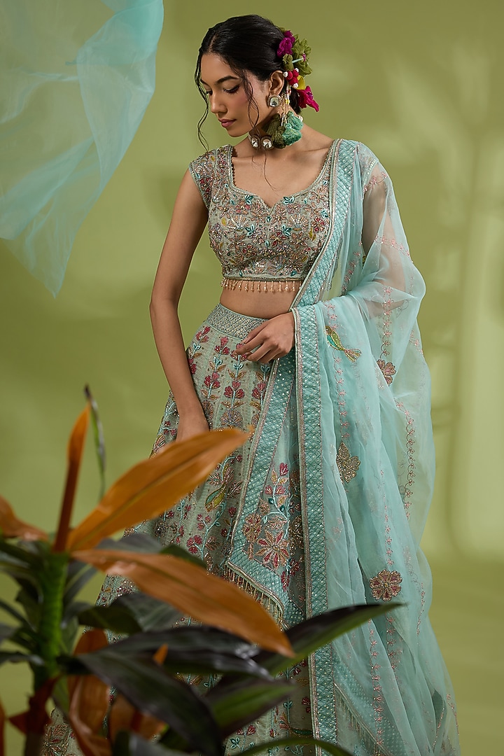 Green Kota Silk Resham & Dori Hand Embroidered Bridal Lehenga Set by Show Shaa at Pernia's Pop Up Shop