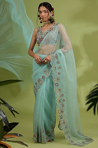 Green Kota Silk Sequins & Bead Embroidered Saree Set by Show Shaa