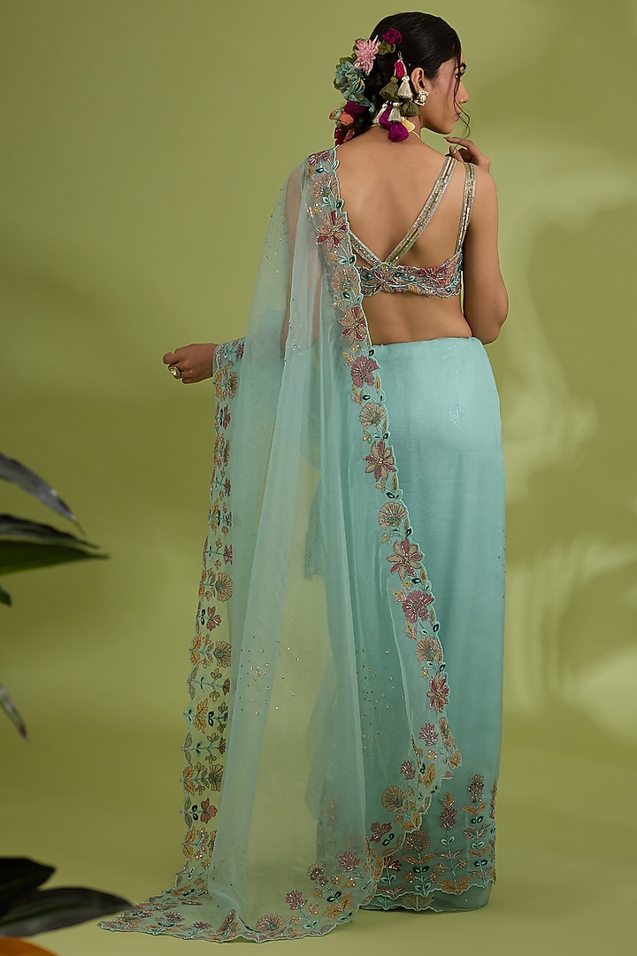 Green Kota Silk Sequins & Bead Embroidered Wedding Saree Set by Show Shaa at Pernia's Pop Up Shop