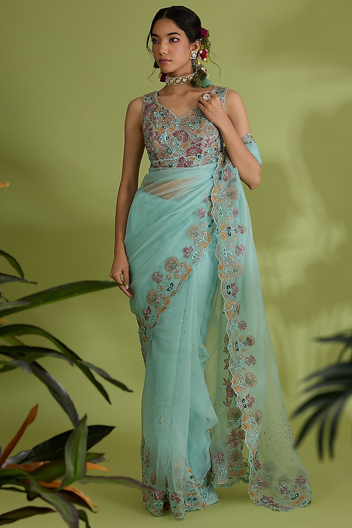 Green Kota Silk Sequins & Bead Embroidered Wedding Saree Set by Show Shaa at Pernia's Pop Up Shop