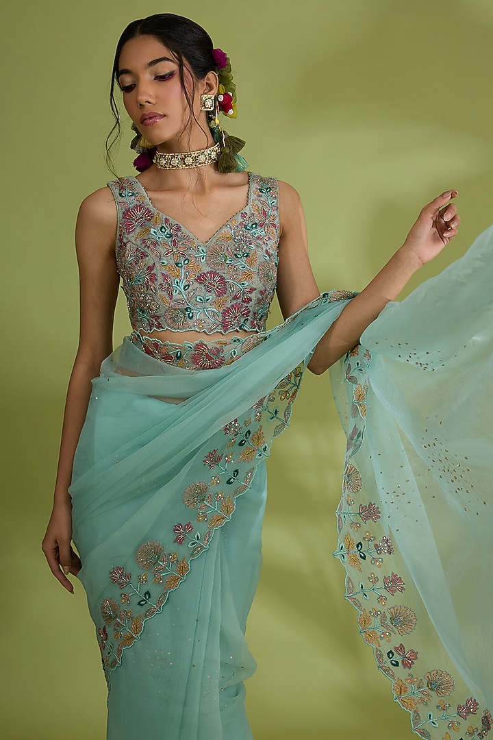 Green Kota Silk Sequins & Bead Embroidered Wedding Saree Set by Show Shaa at Pernia's Pop Up Shop