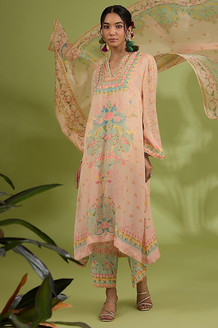 Beige Georgette Satin Floral Printed & Hand Embroidered Kurta Set by Show Shaa at Pernia's Pop Up Shop