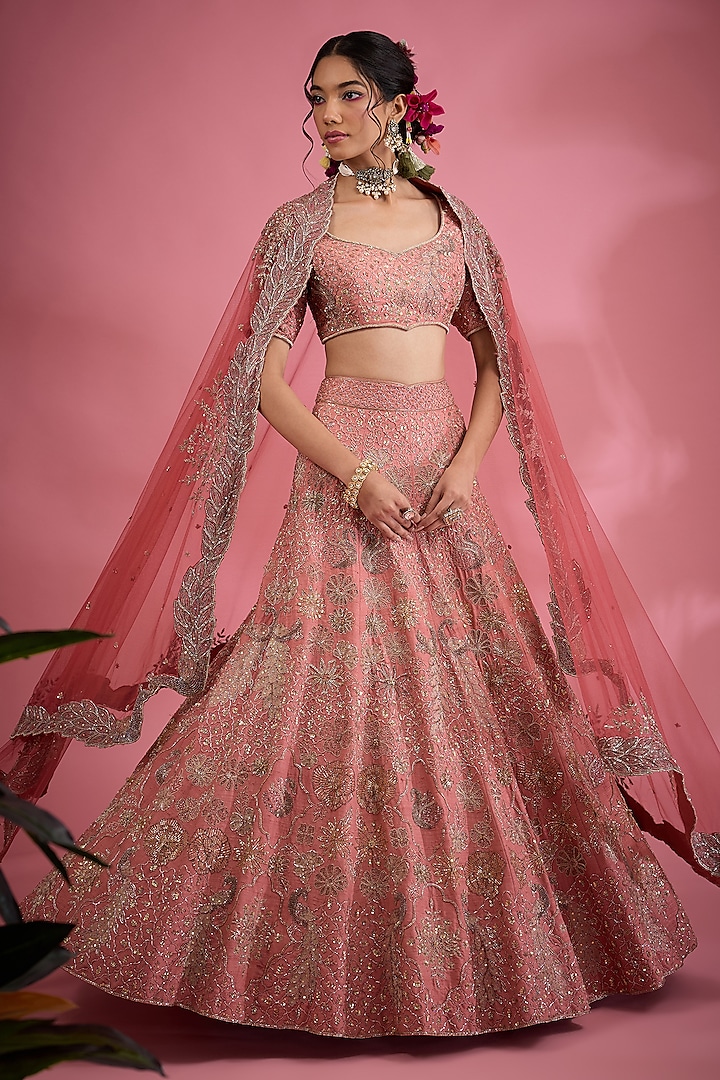 Pink Raw Silk Resham & Dori Hand Embroidered Bridal Lehenga Set by Show Shaa at Pernia's Pop Up Shop