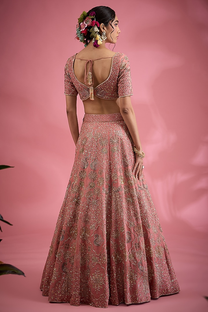 Pink Raw Silk Resham & Dori Hand Embroidered Bridal Lehenga Set by Show Shaa at Pernia's Pop Up Shop