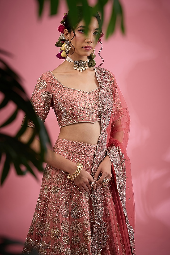 Pink Raw Silk Resham & Dori Hand Embroidered Bridal Lehenga Set by Show Shaa at Pernia's Pop Up Shop