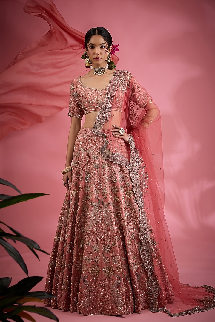 Pink Raw Silk Resham & Dori Hand Embroidered Bridal Lehenga Set by Show Shaa at Pernia's Pop Up Shop