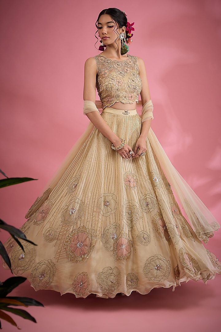 Beige Organza Resham & Dori Hand Embroidered Wedding Lehenga Set by Show Shaa at Pernia's Pop Up Shop