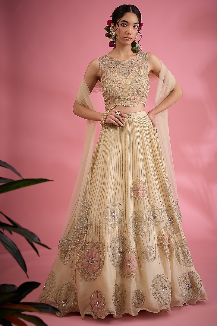 Beige Organza Resham & Dori Hand Embroidered Wedding Lehenga Set by Show Shaa at Pernia's Pop Up Shop
