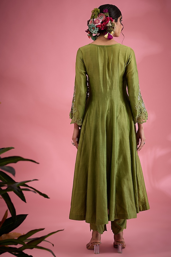 Green Chanderi Sequins & Floral Hand Embroidered Angrakha Kurta Set by Show Shaa at Pernia's Pop Up Shop