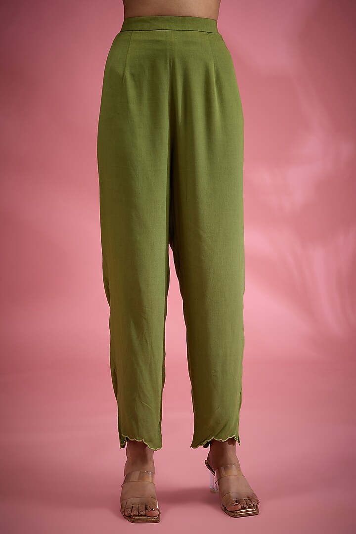 Green Chanderi Sequins & Floral Hand Embroidered Angrakha Kurta Set by Show Shaa at Pernia's Pop Up Shop