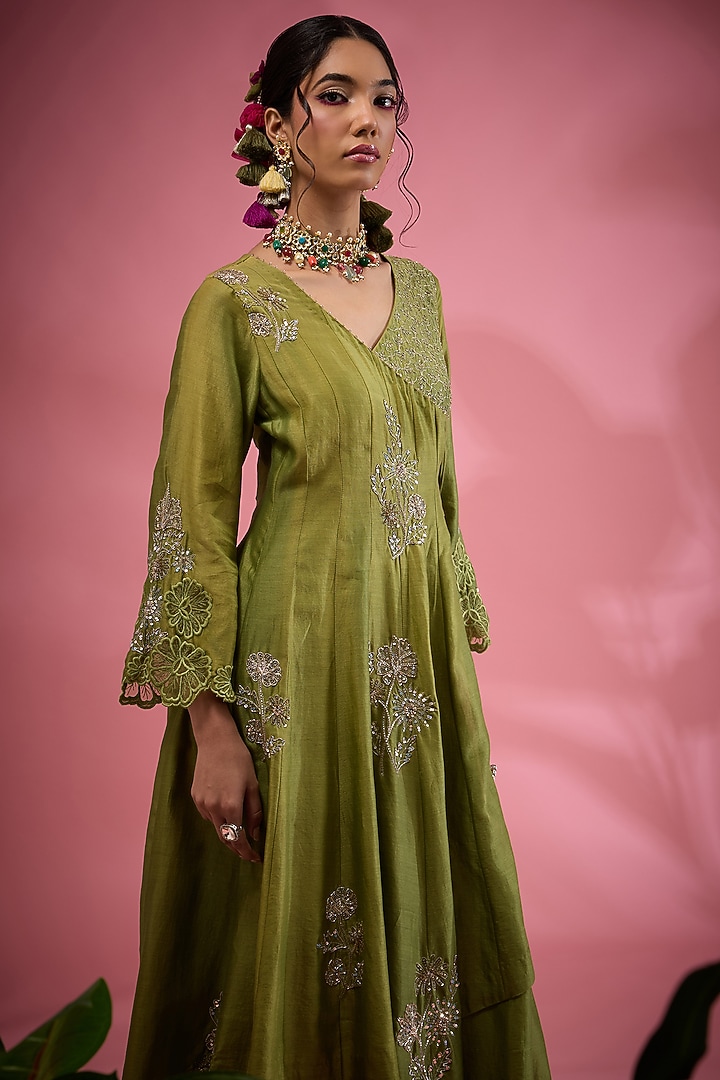 Green Chanderi Sequins & Floral Hand Embroidered Angrakha Kurta Set by Show Shaa at Pernia's Pop Up Shop