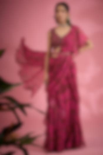 Pink Chiffon Floral Printed & Hand Embroidered Pre-Draped Saree Set by Show Shaa at Pernia's Pop Up Shop