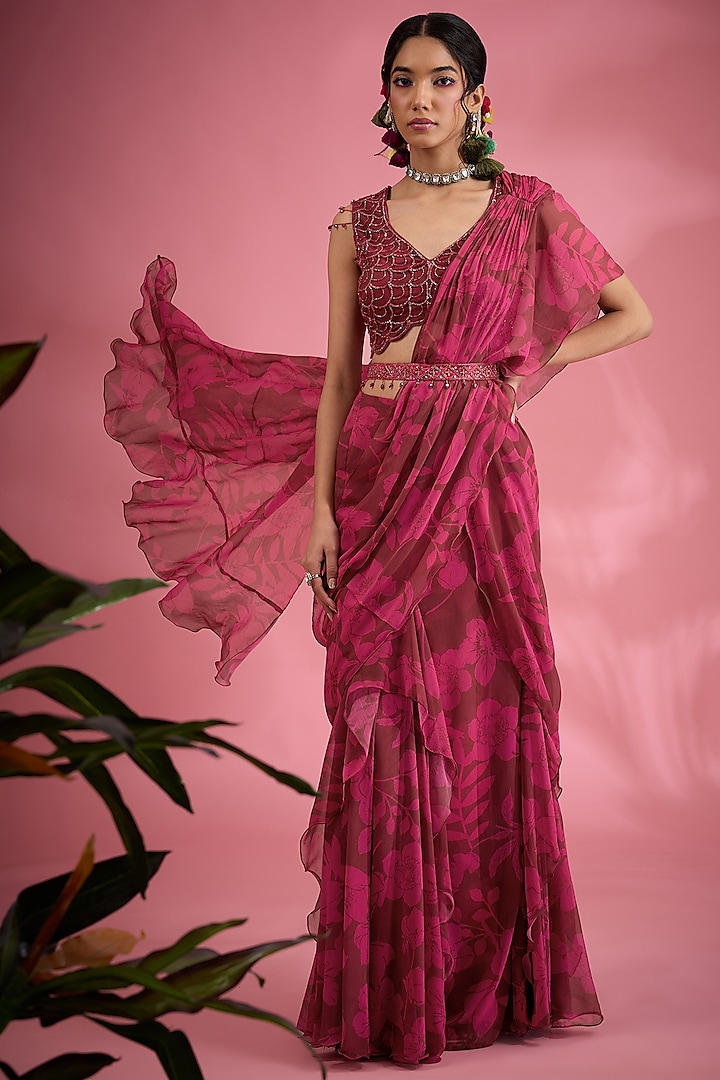 Pink Chiffon Floral Printed & Hand Embroidered Pre-Draped Saree Set by Show Shaa at Pernia's Pop Up Shop