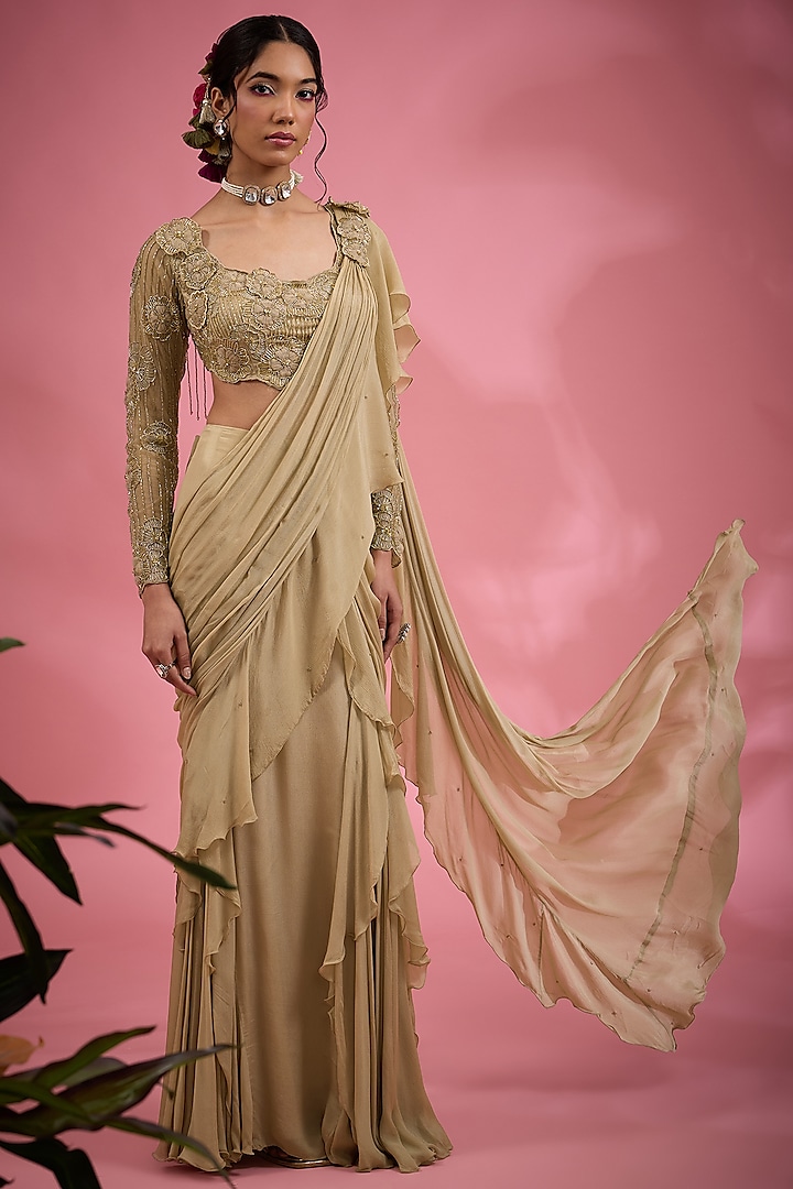 Beige Satin Sequins & Cutdana Embroidered Saree Set by Show Shaa