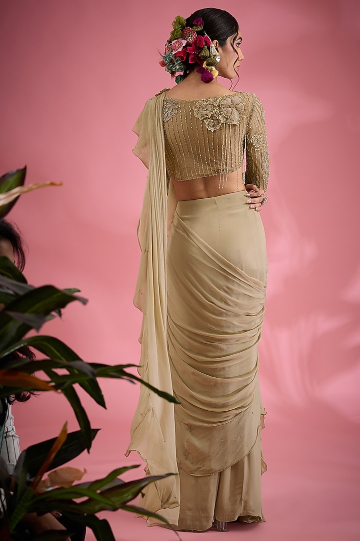 Beige Satin Sequins & Cutdana Embroidered Wedding Saree Set by Show Shaa at Pernia's Pop Up Shop