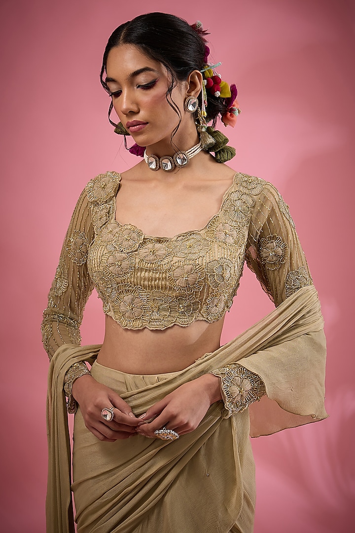 Beige Satin Sequins & Cutdana Embroidered Wedding Saree Set by Show Shaa at Pernia's Pop Up Shop