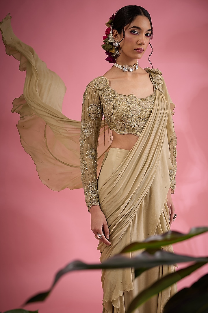 Beige Satin Sequins & Cutdana Embroidered Wedding Saree Set by Show Shaa at Pernia's Pop Up Shop