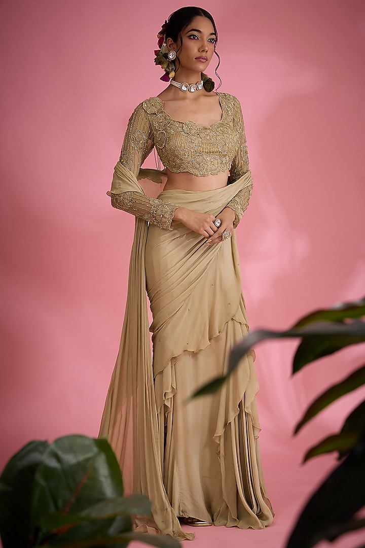 Beige Satin Sequins & Cutdana Embroidered Wedding Saree Set by Show Shaa at Pernia's Pop Up Shop