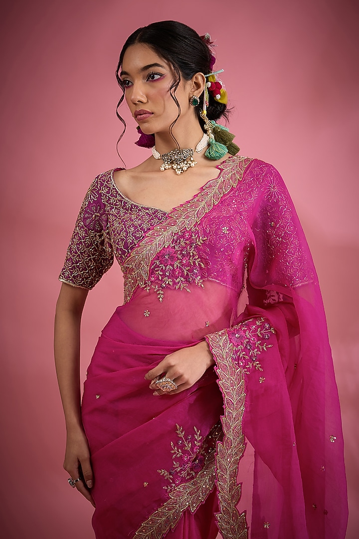 Pink Organza Sequins & Cutdana Embroidered Reception Saree Set by Show Shaa at Pernia's Pop Up Shop