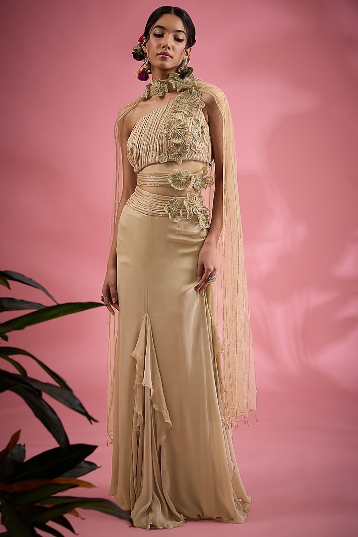 Beige Chiffon Zari & Bead Embroidered Draped Skirt Set by Show Shaa at Pernia's Pop Up Shop