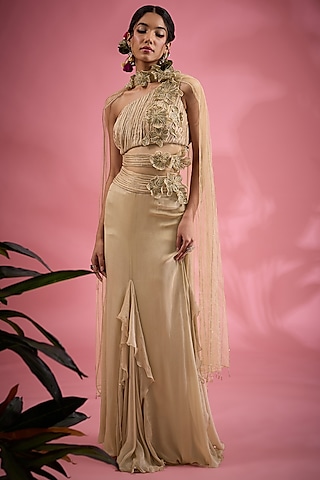 Beige Chiffon Zari & Bead Embroidered Draped Skirt Set by Show Shaa