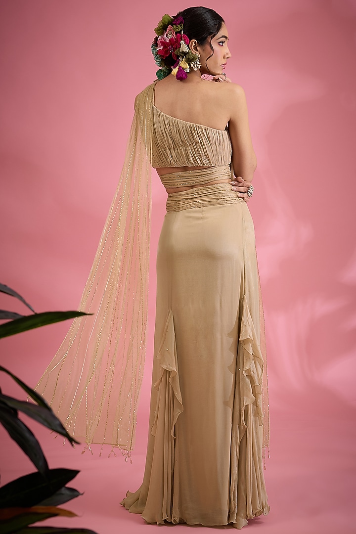 Beige Chiffon Zari & Bead Embroidered Draped Skirt Set by Show Shaa at Pernia's Pop Up Shop