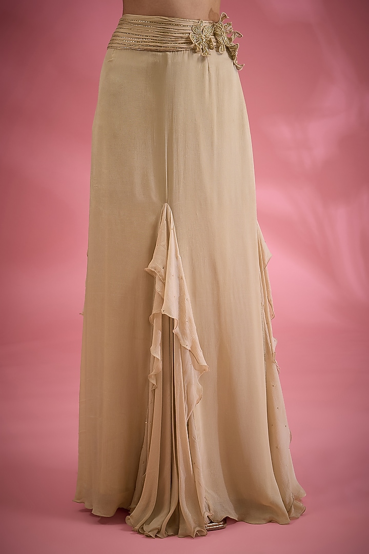 Beige Chiffon Zari & Bead Embroidered Draped Skirt Set by Show Shaa at Pernia's Pop Up Shop