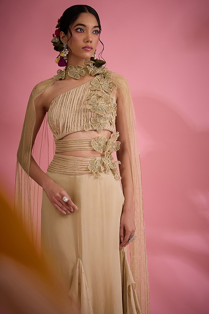 Beige Chiffon Zari & Bead Embroidered Draped Skirt Set by Show Shaa at Pernia's Pop Up Shop