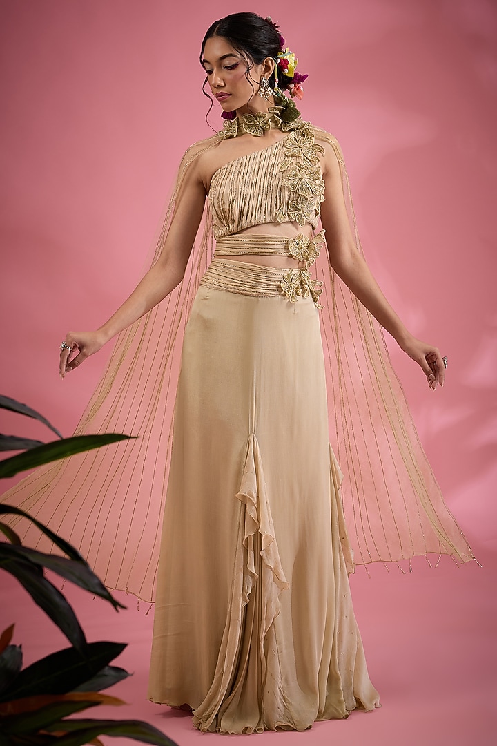 Beige Chiffon Zari & Bead Embroidered Draped Skirt Set by Show Shaa at Pernia's Pop Up Shop